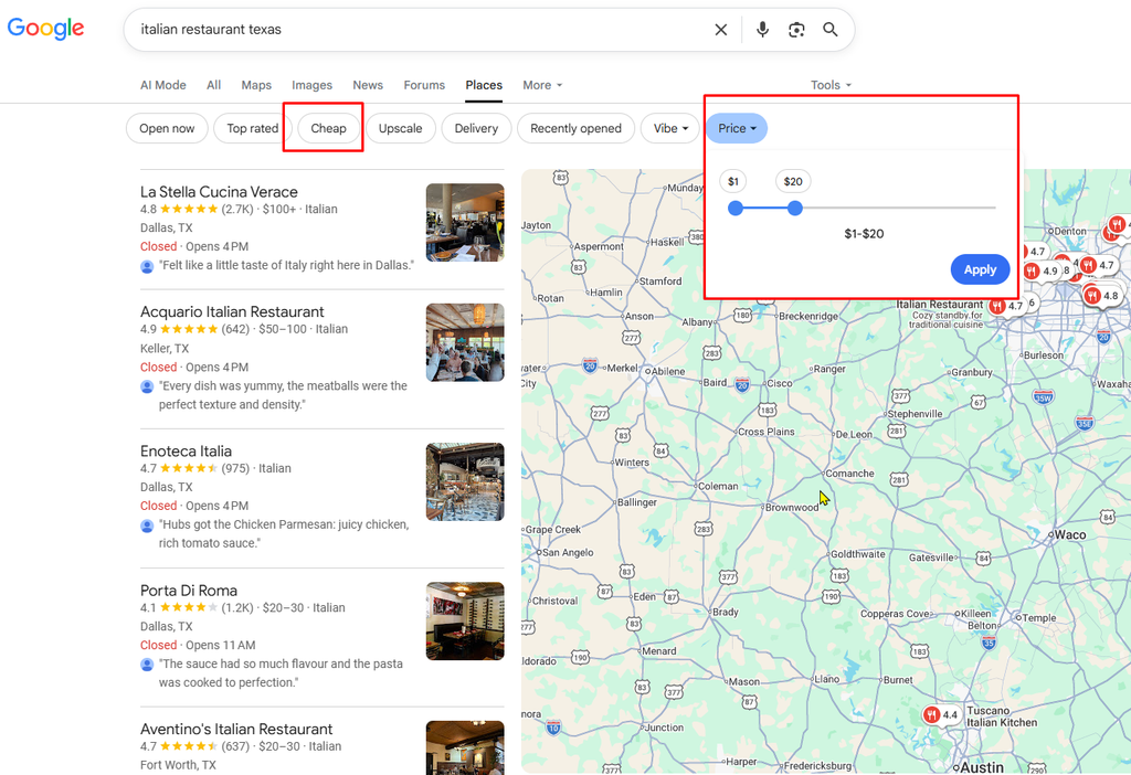 how to save money on eating out - google maps filters to find cheap restaurant