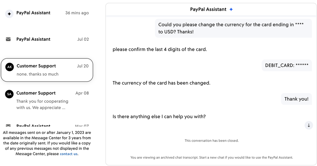contacting PayPal's customer support to change the currency of the card to USD